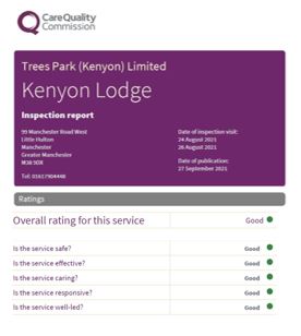 Kenyon Lodge receive CQC GOOD Rating in all areas